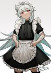  1boy absurdres ahoge alternate_costume bandaged_arm bandages bishounen cowboy_shot crossdressing enmaided genshin_impact grey_hair hand_on_hip highres linpiu long_hair looking_at_viewer maid male_focus razor_(genshin_impact) red_eyes scar scar_on_face simple_background smirk solo thighhighs white_background zettai_ryouiki 