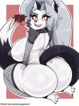  2022 3_toes 5_fingers anthro areola artist_name big_breasts big_butt bmayyneart breasts butt canid canid_demon clothed clothing collar curvy_figure demon dialogue ear_piercing english_text eye_through_hair eyelashes feet female fingers fishnet fishnet_armwear fishnet_legwear fur grey_body grey_fur grey_hair hair hellhound helluva_boss hi_res huge_breasts huge_butt inner_ear_fluff legwear long_hair looking_at_viewer loona_(helluva_boss) mammal multicolored_body multicolored_fur nipples notched_ear open_mouth open_smile patreon piercing red_sclera sharp_teeth skimpy smile solo spiked_collar spikes teeth text thong toes topless translucent translucent_hair tuft two_tone_body two_tone_fur underwear url voluptuous white_body white_eyes white_fur 
