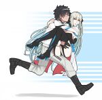  1boy 1girl ass black_footwear black_gloves black_hair blue_eyes blush boots carrying chaldea_uniform commentary_request fate/grand_order fate_(series) flying_sweatdrops fujimaru_ritsuka_(male) full_body gloves high_heel_boots high_heels highres hug jacket long_hair long_sleeves morgan_le_fay_(fate) open_clothes open_jacket pants princess_carry running sanmoto_gorouzaemon thigh_boots thighhighs very_long_hair white_hair white_pants 
