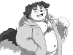 2022 anthro belly big_belly canid canine canis clothed clothing domestic_dog eyewear genitals glasses hoodie humanoid_hands itachi_guma kemono male mammal moobs navel one_eye_closed open_clothing open_hoodie open_topwear otaku_(ellie_saionji) overweight overweight_male penis solo topwear wink 