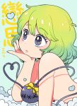  1girl blue_background blush bow breasts eyeball green_hair hand_on_own_chin heart heart_of_string highres komeiji_koishi looking_ahead mashuu_masaki no_hat no_headwear nude short_hair simple_background solo symbol-shaped_pupils third_eye touhou upper_body yellow_bow 