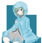  1other armband black_shirt blue_background blue_jacket blue_shorts closed_mouth cowboy_shot dot_nose expressionless eyelashes frilled_sleeves frills green_eyes green_hair grey_armband grey_shorts hair_between_eyes highres hood hood_up hooded_jacket jacket len'en light_blush light_frown long_sleeves looking_at_viewer pahelysium shirt shitodo_aoji short_hair shorts sitting sleeves_past_fingers sleeves_past_wrists solo turtleneck turtleneck_shirt two-tone_background two-tone_shorts white_background wide_sleeves zipper 