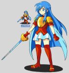  1girl armor blue_eyes blue_hair blush boots cape eirika_(fire_emblem) eyes_visible_through_hair fire_emblem fire_emblem:_the_sacred_stones highres holding holding_sword holding_weapon long_hair mag_(magdraws) miniskirt red_footwear reference_inset sidelocks skirt solo sword thigh_boots thighhighs weapon white_skirt 