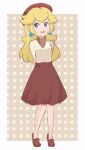  1girl alternate_costume artist_name blonde_hair blue_eyes casual chocomiru dot_nose earrings eyebrows_visible_through_hair highres jewelry looking_at_viewer mario_(series) polka_dot polka_dot_background princess_peach red_skirt shirt skirt turtleneck v-neck yellow_shirt 