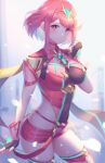  1girl bodysuit breasts covered_navel cowboy_shot earrings fingerless_gloves gloves jewelry kaijuicery large_breasts looking_at_viewer pink_bodysuit pink_eyes pink_hair pyra_(xenoblade) short_hair smile solo xenoblade_chronicles_(series) xenoblade_chronicles_2 