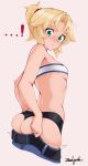  ! ^^^ artist_name ass bare_arms bare_shoulders belt black_panties blonde_hair blue_pants blush breasts closed_mouth cropped_legs dressing fate/grand_order fate_(series) green_eyes highres looking_back looking_down mordred_(fate) mordred_(fate/apocrypha) nose_blush notice_lines panties pants short_hair short_ponytail skindentation small_breasts strapless tube_top underboob undersized_clothes underwear v-shaped_eyebrows zealyush 