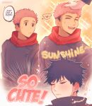  2boys absurdres artist_name black_eyes black_hair chibiskoo closed_eyes closed_mouth commentary english_commentary fushiguro_megumi heart highres itadori_yuuji jujutsu_kaisen jujutsu_tech_uniform long_sleeves male_focus multiple_boys pink_hair scar scar_on_face scar_on_mouth short_hair smile spiked_hair teeth tongue undercut upper_body upper_teeth_only yaoi 