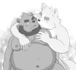 2022 anthro band-aid bandage beard belly big_belly canid canine canis domestic_dog embrace facial_hair hug hugging_from_behind humanoid_hands itachi_guma kemono male male/male mammal moobs nipples overweight overweight_male solo ursid 