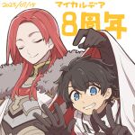  2boys androgynous armor black_gloves black_hair blue_eyes cape chiyo408 closed_eyes closed_mouth commentary_request elbow_gloves fate/grand_order fate_(series) finger_counting fujimaru_ritsuka_(male) fur-trimmed_cape fur_trim gloves grin long_hair male_focus multiple_boys red_hair short_hair sidelocks simple_background smile translation_request tristan_(fate) tristan_(third_ascension)_(fate) u_u white_background white_cape 