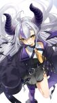  1girl ahoge bangs bare_legs black_dress blush coat demon_horns dress gotou_(nekocat) grey_hair grin hair_between_eyes highres hololive horns la+_darknesss long_hair long_sleeves looking_at_viewer multicolored_hair open_clothes open_coat purple_coat purple_hair purple_legwear signature simple_background single_leg_pantyhose sleeves_past_fingers sleeves_past_wrists smile solo standing standing_on_one_leg streaked_hair very_long_hair virtual_youtuber white_background yellow_eyes 