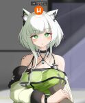  1girl 1other :o ambiguous_gender animal_ear_fluff animal_ears arknights bangs bare_shoulders blunt_bangs blush breast_grab breasts bright_pupils cat_ears collarbone dress grabbing green_dress green_eyes halter_dress halterneck highres holding_another&#039;s_wrist indoors kal&#039;tsit_(arknights) large_breasts light_rays long_sleeves looking_at_viewer oripathy_lesion_(arknights) parted_lips pcaccount13 pov short_hair_with_long_locks sidelocks solo_focus stethoscope upper_body watch white_hair wristwatch 