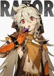  1boy absurdres ahoge berry bishounen bone_necklace character_name cowboy_shot genshin_impact gloves grey_hair hand_up highres jewelry linpiu long_hair male_focus necklace open_mouth orange_gloves razor_(genshin_impact) red_eyes scar scar_on_face simple_background sleeveless solo toned 
