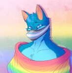  anthro blue_body blue_eyes blue_fur blue_hair canid canine demiboy_pride_colors face_mask folfy_blue fur hair hi_res hybrid lgbt_pride looking_at_viewer male mammal pride_colors rainbow_flag rainbow_pride_flag rainbow_symbol simple_background solo zuhishy 