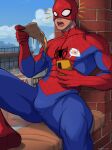  1boy bara blue_bodysuit bodysuit cloud covered_abs covered_nipples day food highres holding holding_food holding_pizza incoming_food large_pectorals male_focus marvel mask mask_lift muscular muscular_male open_mouth outdoors pectorals peter_parker pizza pizza_slice red_bodysuit sitting sky solo spider-man spider-man_(series) twitter_username two-tone_bodysuit vit_(vitamin_bara) 