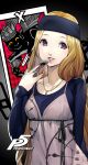  1girl black_headband black_shirt blonde_hair breasts card chain dress headband highres jewelry long_hair looking_at_viewer medium_breasts mifune_chihaya necklace official_art persona persona_5 pink_dress pink_lips purple_eyes shirt soejima_shigenori solo tarot tarot_card very_long_hair wheel_of_fortune_(tarot) 