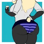  anthro big_butt bottomwear butt clothed clothing female hair hand_on_hip hi_res jade_(sleepingpowder) mammal office panties pattern_clothing pattern_underwear raised_bottomwear raised_clothing raised_skirt simple_background skirt sleepingpowder solo striped_clothing striped_underwear stripes thick_thighs underwear ursid 