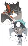  2boys aak_(arknights) animal_ears aqua_hair arknights bandaid bandaid_on_face bandaid_on_nose bangs bishounen black_hair dark_skin ear_piercing ethan_(arknights) facial_hair furry furry_male goggles goggles_on_head highres jacket male_focus multicolored_hair multiple_boys piercing pointy_ears short_hair slit_pupils vystis yellow_eyes 