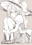  1girl blush bow braid greyscale hat hat_bow hugging_own_legs kirisame_marisa knees_to_chest light_blush long_hair looking_at_viewer monochrome puffy_short_sleeves puffy_sleeves shoes short_sleeves sitting skirt solo spot_color touhou vanilla_(miotanntann) witch_hat 