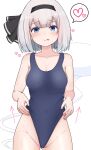  1girl bare_shoulders blue_eyes blush breasts cleavage commentary_request eyebrows_visible_through_hair finaltakenoko groin highres konpaku_youmu konpaku_youmu_(ghost) looking_at_viewer pulling school_swimsuit shiny shiny_hair shiny_skin solo swimsuit thighs tongue touhou white_hair 