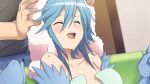  1boy 1girl artist_request bangs blue_feathers blue_hair blue_wings blush closed_eyes game_cg hair_between_eyes harpy monster_girl monster_musume_no_iru_nichijou monster_musume_no_iru_nichijou_online naked_towel official_art open_mouth papi_(monster_musume) towel towel_on_head wardrobe_malfunction wet winged_arms wings 