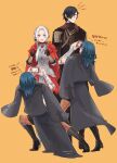  1boy 2girls :d armor armored_dress black_footwear black_gloves black_hair black_jacket black_shorts blue_hair brown_legwear byleth_(fire_emblem) byleth_(fire_emblem)_(female) cape coat edelgard_von_hresvelg faulds fire_emblem fire_emblem:_three_houses gloves grey_coat hair_over_one_eye hair_over_shoulder highres hubert_von_vestra jacket legwear_under_shorts long_hair miniskirt multiple_girls pantyhose purple_eyes red_cape red_skirt robaco short_hair shorts sketch skirt smile standing taking_picture twitter_username white_hair yellow_background 