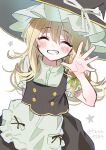  1girl :d ^_^ apron arm_behind_back black_hat black_skirt black_vest blonde_hair blush buttons closed_eyes cowboy_shot facing_viewer green_ribbon grin hair_between_eyes hair_ribbon hand_up hat hat_ribbon kirisame_marisa long_hair pocket puffy_short_sleeves puffy_sleeves ribbon shirt short_sleeves simple_background skirt smile solo star_(symbol) tamagogayu1998 touhou twitter_username vest waist_apron waving white_apron white_background white_ribbon white_shirt 