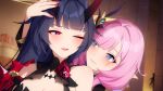  2girls artist_request bangs bare_shoulders blush breasts cleavage closed_mouth elysia_(honkai_impact) eye_contact hair_ornament highres honkai_(series) honkai_impact_3rd horns indoors long_hair looking_at_another multiple_girls one_eye_closed open_mouth pink_hair raiden_mei raiden_mei_(herrscher_of_thunder) smile source_request third-party_source yuri 