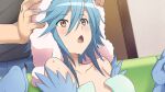  1boy 1girl artist_request bangs blue_feathers blue_hair blue_wings blush game_cg hair_between_eyes harpy monster_girl monster_musume_no_iru_nichijou monster_musume_no_iru_nichijou_online naked_towel official_art open_mouth papi_(monster_musume) towel towel_on_head wardrobe_malfunction wet winged_arms wings 