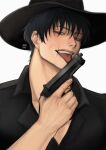  1boy alternate_costume aransmind artist_name black_hair black_shirt cowboy cowboy_hat fushiguro_touji green_eyes gun handgun hat highres holding holding_gun holding_weapon ibispaint_(medium) jujutsu_kaisen licking licking_weapon partially_unbuttoned scar_on_lip shirt tongue tongue_out weapon white_background 