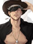  1boy adjusting_clothes adjusting_headwear alternate_costume aransmind artist_name black_shirt blindfold blindfold_lift blue_eyes colored_eyelashes cowboy cowboy_hat gojou_satoru hat highres ibispaint_(medium) jewelry jujutsu_kaisen light_smile looking_at_viewer male_focus mouth_hold necklace nipple_piercing parted_lips partially_unbuttoned piercing scar scar_on_cheek scar_on_chest scar_on_face scar_on_lip scar_on_neck shirt stalk_in_mouth white_background white_eyelashes white_hair zoom_layer 
