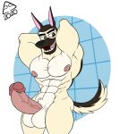  2020 abs anthro areola balls biceps big_balls big_penis brown_body brown_eyes brown_fur canid canine canis detailed_background digital_media_(artwork) domestic_dog doritohead erection fur genitals german_shepherd hands_behind_head herding_dog hi_res inside kaine_lewis long_tail looking_at_viewer male mammal multicolored_body multicolored_fur muscular muscular_anthro muscular_male nipples nude pastoral_dog pecs penis sharp_teeth shower_room signature smile solo standing tan_body tan_fur teeth tongue white_body white_fur 