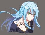  1other androgynous bangs black_shirt blue_hair closed_mouth collarbone colored_eyelashes floating_hair frown grey_background hair_between_eyes long_hair long_sleeves rimuru_tempest shiny shiny_hair shirt shoura straight_hair tensei_shitara_slime_datta_ken yellow_eyes 