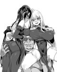  1boy 2girls :d asanagi ass_grab bad_link black_dress black_hair blonde_hair blush breast_rest breasts breasts_on_head carrying carrying_over_shoulder cross dress fingering garter_belt greyscale habit hat highres huge_breasts long_hair long_sleeves looking_at_viewer mole mole_under_eye monochrome multiple_girls no_eyes nun open_mouth original smile thighhighs tight twintails white_legwear 