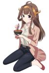  1girl ahoge bangs belt blue_pants bowl brown_hair chopsticks coat collared_shirt double_bun eating full_body headgear highres holding holding_bowl holding_chopsticks kantai_collection kongou_(kancolle) long_hair looking_at_viewer official_alternate_costume pants pink_coat purple_eyes red_footwear shirt sitting solo striped striped_shirt t-nyanko wariza white_background white_shirt 