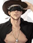  1boy adjusting_clothes adjusting_headwear alternate_costume aransmind artist_name black_shirt blindfold blue_eyes colored_eyelashes cowboy cowboy_hat gojou_satoru hat highres ibispaint_(medium) jewelry jujutsu_kaisen light_smile looking_at_viewer male_focus mouth_hold necklace nipple_piercing parted_lips partially_unbuttoned piercing scar scar_on_cheek scar_on_chest scar_on_face scar_on_lip scar_on_neck shirt stalk_in_mouth white_background white_eyelashes white_hair zoom_layer 