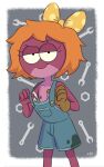  4_fingers amphibia_(series) amphibian anthro clothing collarbone disney female fingers flat_chested frog gloves hair half-closed_eyes handwear hi_res looking_at_viewer narrowed_eyes nipples nocunoct orange_hair overalls polly_plantar purple_body short_hair smile solo young 