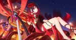  3girls bangs black_hair china_dress chinese_clothes claws closed_mouth dress floating flower game_cg hair_flower hair_ornament highres holding honkai_(series) honkai_impact_3rd liliya_olenyeva medium_hair multiple_girls night night_sky official_art outdoors red_dress red_eyes red_flower red_hair rozaliya_olenyeva seele_(alter_ego) seele_vollerei seele_vollerei_(stygian_nymph) sky solo_focus tail 