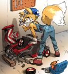  2_tails anthro butt canid canine clothing drill footwear fox gloves handwear kart looking_at_viewer looking_back male mammal miles_prower multi_tail overalls parkgee rear_view sega shoes solo sonic_the_hedgehog_(series) toolbox tools vehicle white_clothing white_gloves white_handwear wrench 