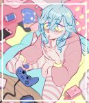  blue_hair clothed clothing controller cute_eyes footwear game_controller gaming girly hair hi_res male no_underwear ohnobbsan pinup playing_videogame pose socks solo 