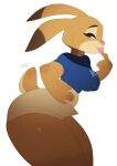  2022 4_fingers absurd_res anthro blue_eyes bottomwear breasts clothing female fingers hi_res lagomorph leporid mammal nipple_outline pink_nose rabbit shirt shorts simple_background solo svarzye thick_thighs tongue topwear trisha_rose_(bluelighthouse) white_background 