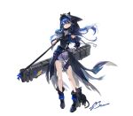  1girl animal_hood bangs bare_legs black_cat black_dress black_footwear blue_eyes blue_hair blue_shorts boots breasts case cat closed_mouth dress full_body gloves goggles goggles_on_head hair_between_eyes hand_on_hip hansum highres holding_strap hood hooded_dress long_hair looking_at_viewer original short_shorts shorts simple_background small_breasts solo test_tube white_background white_gloves 
