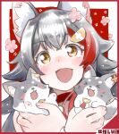  1girl animal_ear_fluff animal_ears black_hair blush border commentary_request eyebrows_visible_through_hair fox_ears fox_girl hair_between_eyes hair_ornament hairclip holding hololive kurose_kousuke looking_at_viewer miofa_(ookami_mio) ookami_mio open_mouth paw_print red_hair smile virtual_youtuber wolf_ears wolf_girl 