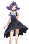  1girl :d acerola_(pokemon) armlet bare_legs black_skirt blue_eyes blue_shirt blush collarbone full_body highres long_hair looking_at_viewer nail_polish open_mouth pokemon pokemon_(game) pokemon_sm purple_hair purple_nails shiny shiny_hair shirt short_sleeves simple_background skirt smile solo standing tsukishiro_saika white_background 