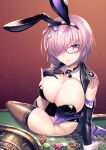  1girl animal_ears black_gloves black_legwear black_leotard black_ribbon breasts cleavage closed_mouth commission detached_collar elbow_gloves eyebrows_visible_through_hair fake_animal_ears fate/grand_order fate_(series) glasses gloves hair_over_one_eye hand_on_own_chest hassen_(8cm) highres holding large_breasts leotard looking_at_viewer mash_kyrielight neck_ribbon pink_hair playboy_bunny poker_chip purple_eyes rabbit_ears ribbon short_hair simple_background sitting sitting_on_table skeb_commission smile solo thighhighs twisted_torso wrist_cuffs 