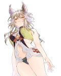  1girl bangs black_panties blonde_hair breasts dutch_angle erune flower from_below granblue_fantasy hair_between_eyes hair_flower hair_ornament highres hip_vent kochiya_(gothope) medium_breasts navel orange_eyes panties sen_(granblue_fantasy) sideless_outfit solo underwear white_background 