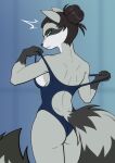 anthro black_hair blue_clothing blue_swimwear breasts butt clothing eyelashes female fingers fur gloves_(marking) green_eyes grey_arms grey_body grey_breasts grey_butt grey_ears grey_fur grey_tail hair hi_res mammal markings one-piece_swimsuit procyonid raccoon rear_view swimwear tail val-q