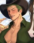 1boy alcohol alternate_costume aransmind artist_name brown_eyes buzz_cut cloud cloudy_sky cowboy cowboy_hat cup earrings gold_earrings green_hair green_shirt hat highres holding holding_cup horse ibispaint_(medium) jewelry light_blush light_smile one_eye_closed one_piece parted_lips partially_unbuttoned roronoa_zoro scar scar_across_eye scar_across_eyebrow scar_on_chest scar_on_face shirt short_hair single_earring sky teeth very_short_hair water_drop whiskey 