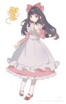  1girl :o apron black_hair bow cardcaptor_sakura chinese_commentary clenched_hand commentary_request daidouji_tomoyo dot_nose dress eyelashes ferret floating_hair frilled_apron frilled_dress frills full_body hair_bow hand_on_own_chest highres kero_(cardcaptor_sakura) large_bow light_blush long_dress long_hair long_sleeves looking_at_viewer mary_janes open_mouth pantyhose pink_bow pink_dress purple_eyes red_shoes shoes sidelocks simple_background sleeve_cuffs surprised tareme turtleneck turtleneck_dress watermark wavy_hair white_apron white_background white_pantyhose white_sleeve_cuffs winged_animal xiaohongshu_watermark yonghu230350137 