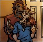 absurd_res anthro bassariscus clint_(echo) dog_tags duo echo_(game) echo_(series) echo_project eyebrow_piercing facial_piercing flynn_moore gesture gila_monster gun hand_gesture handgun helodermatid hi_res ivnislykun lip_piercing lizard looking_at_viewer male male/male mammal meme middle_finger piercing procyonid ranged_weapon reptile ring-tailed_cat scalie weapon yeah_we_gay_keep_scrolling