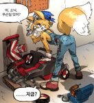  2_tails anthro butt canid canine clothing dirty_face drill footwear fox gloves handwear kart korean_text looking_at_viewer looking_back male mammal miles_prower multi_tail overalls parkgee rear_view sega shadow shoes silhouette solo_focus sonic_the_hedgehog sonic_the_hedgehog_(series) text toolbox tools translation_request vehicle white_clothing white_gloves white_handwear wrench 